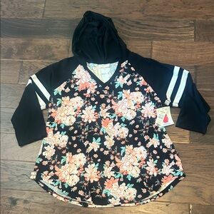Bobbie Brooks Floral Hoodie with Striped 3/4 Sleeves
